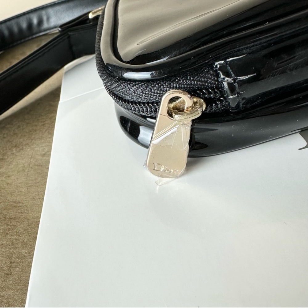 New Dior Upcycled Patent Cosmetic Bag Crossbody Black CD Logo Gold Hardware - Picture 7 of 12